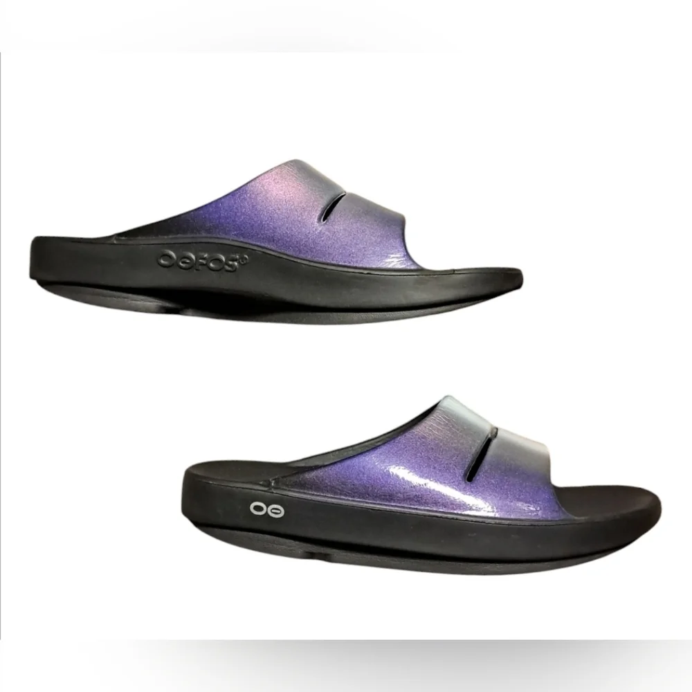 OOFOS Women's Slide Sandals - Black and Purple - Picture 7 of 14